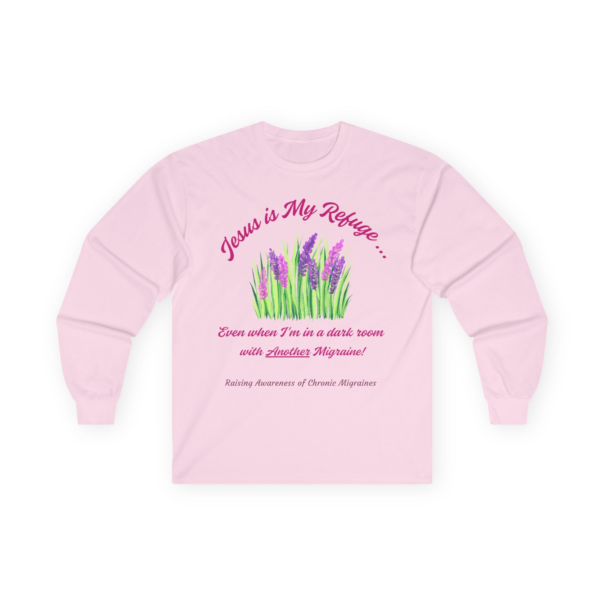 Light Pink Long Sleeve Tee Jesus is my Refuge Migraine Floral