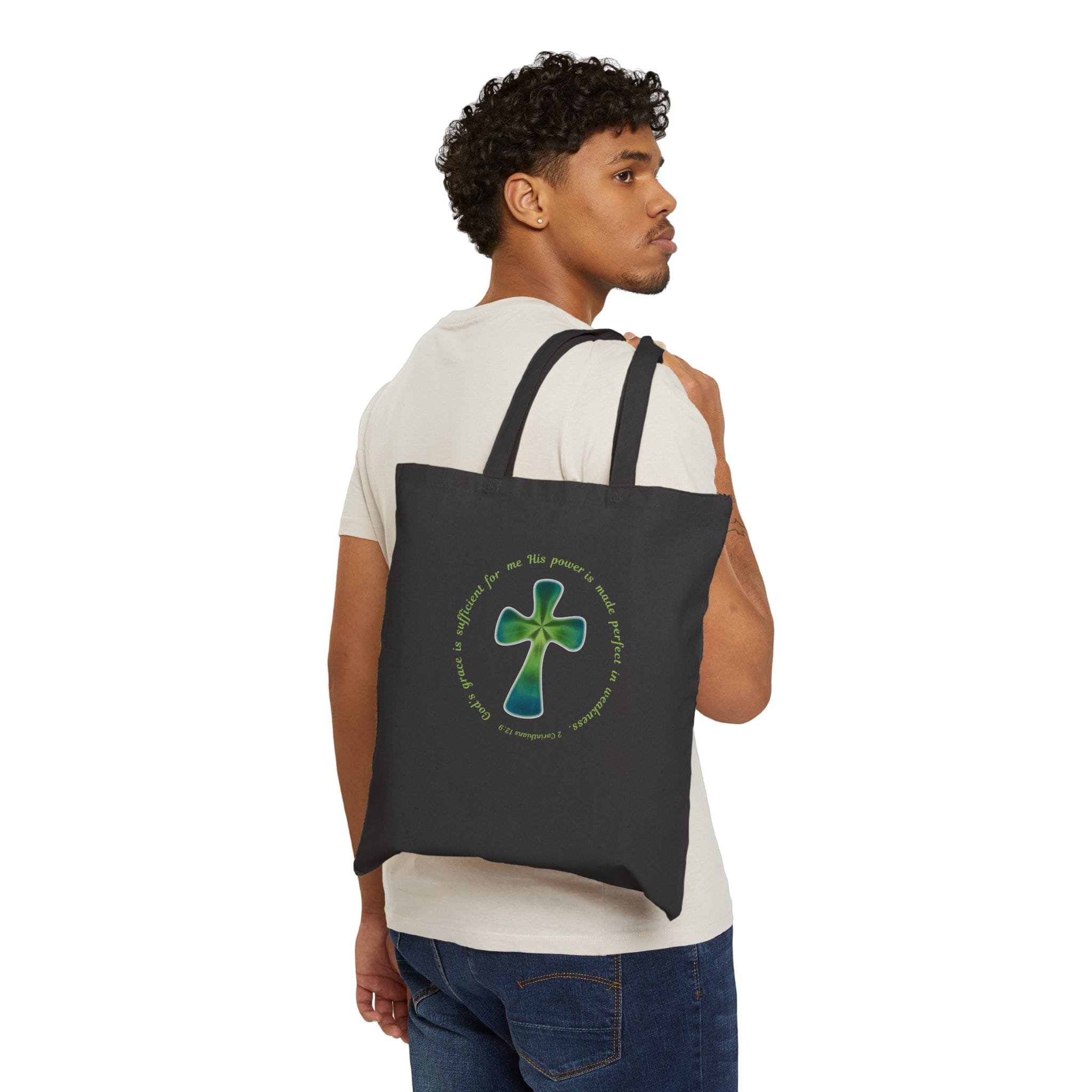 Black Canvas Tote Faith over Fatigue Cross