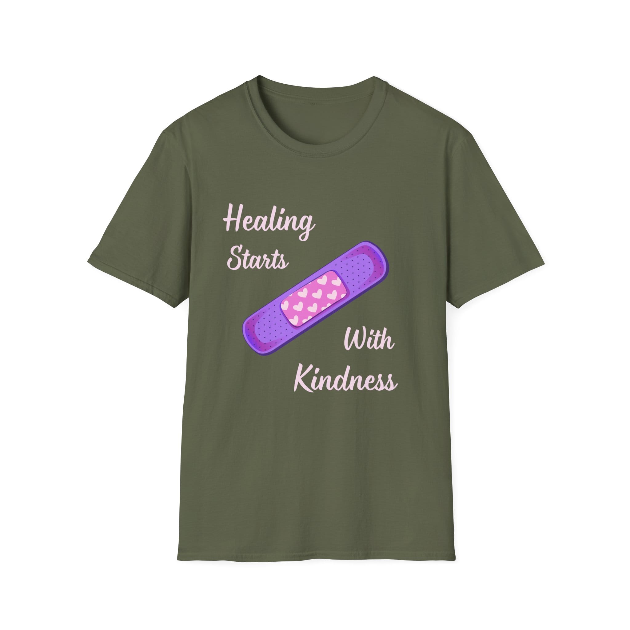 Military Green Short Sleeve Tee Healing Kindness Bandaid