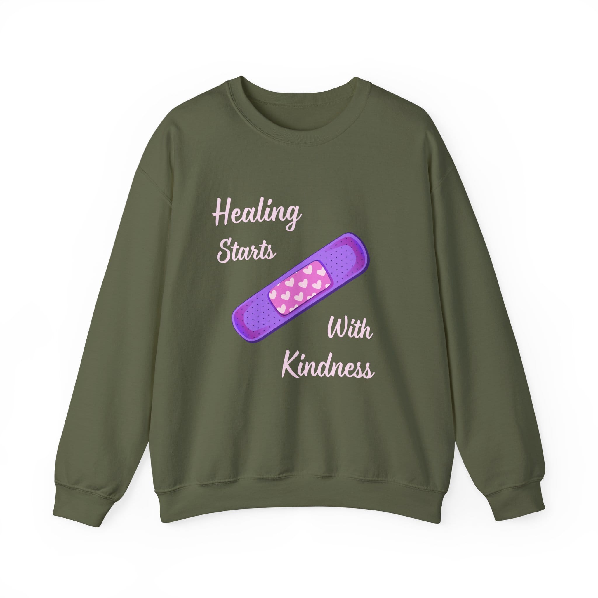 Military Green Sweatshirt Healing Kindness Bandaid