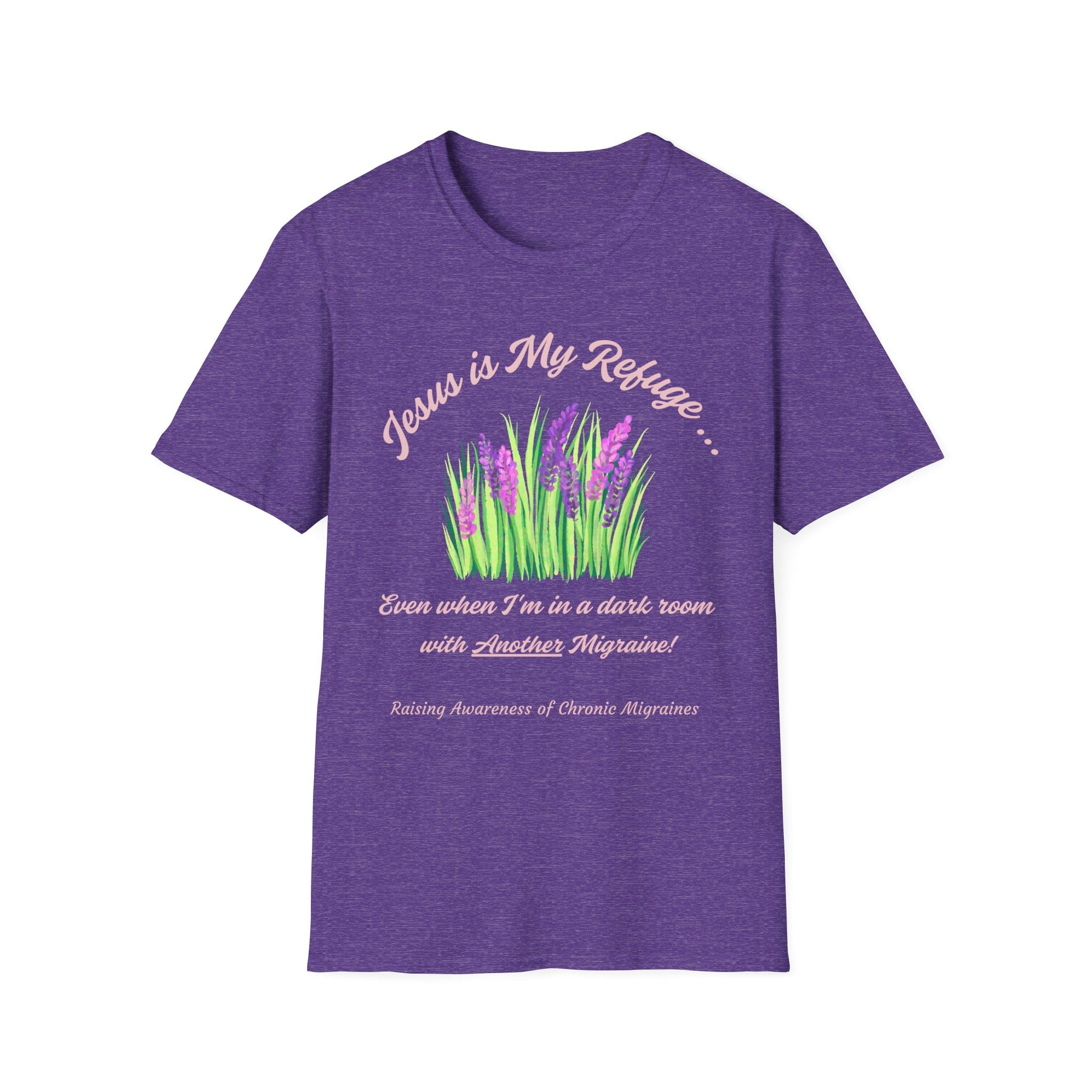 Heather Purple Short Sleeve Tee Jesus is my Refuge Migraine Floral