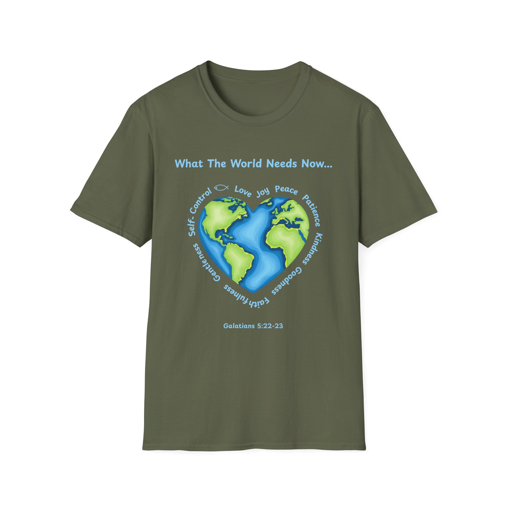 Military Green Short Sleeve Tee What the World Needs Earth Heart