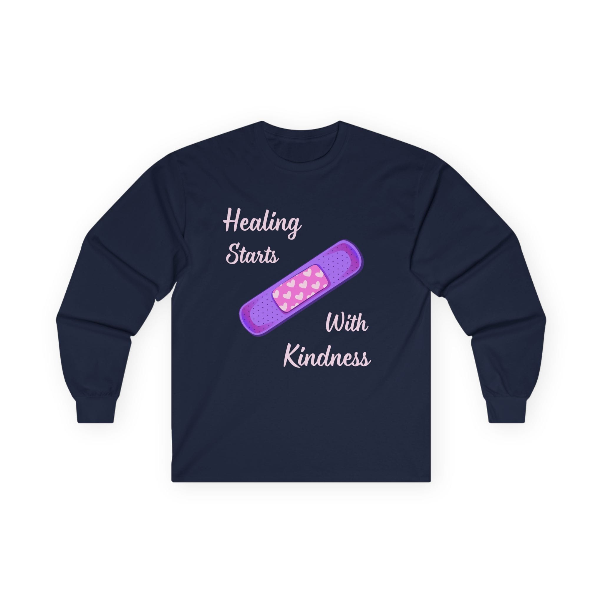 Navy Blue Long Sleeve Tee Healing Kindness Bandaid