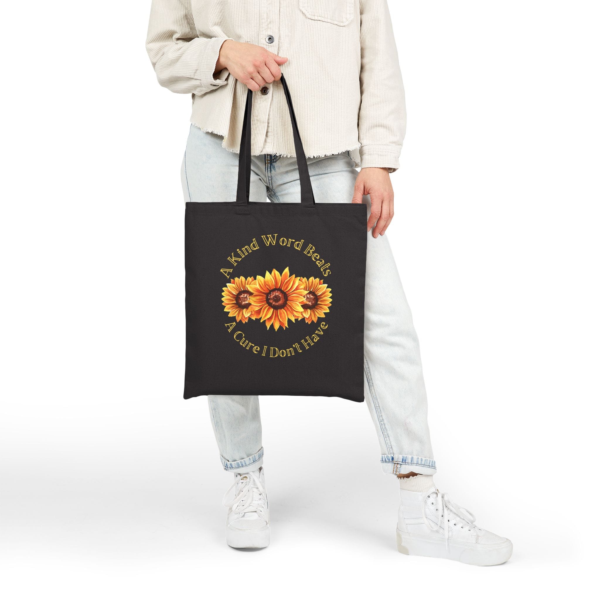 Black Canvas Tote Kind Word Cure Sunflower