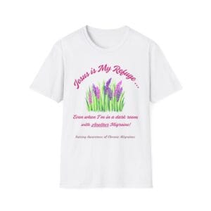 White Short Sleeve Tee Jesus is my Refuge Migraine Floral