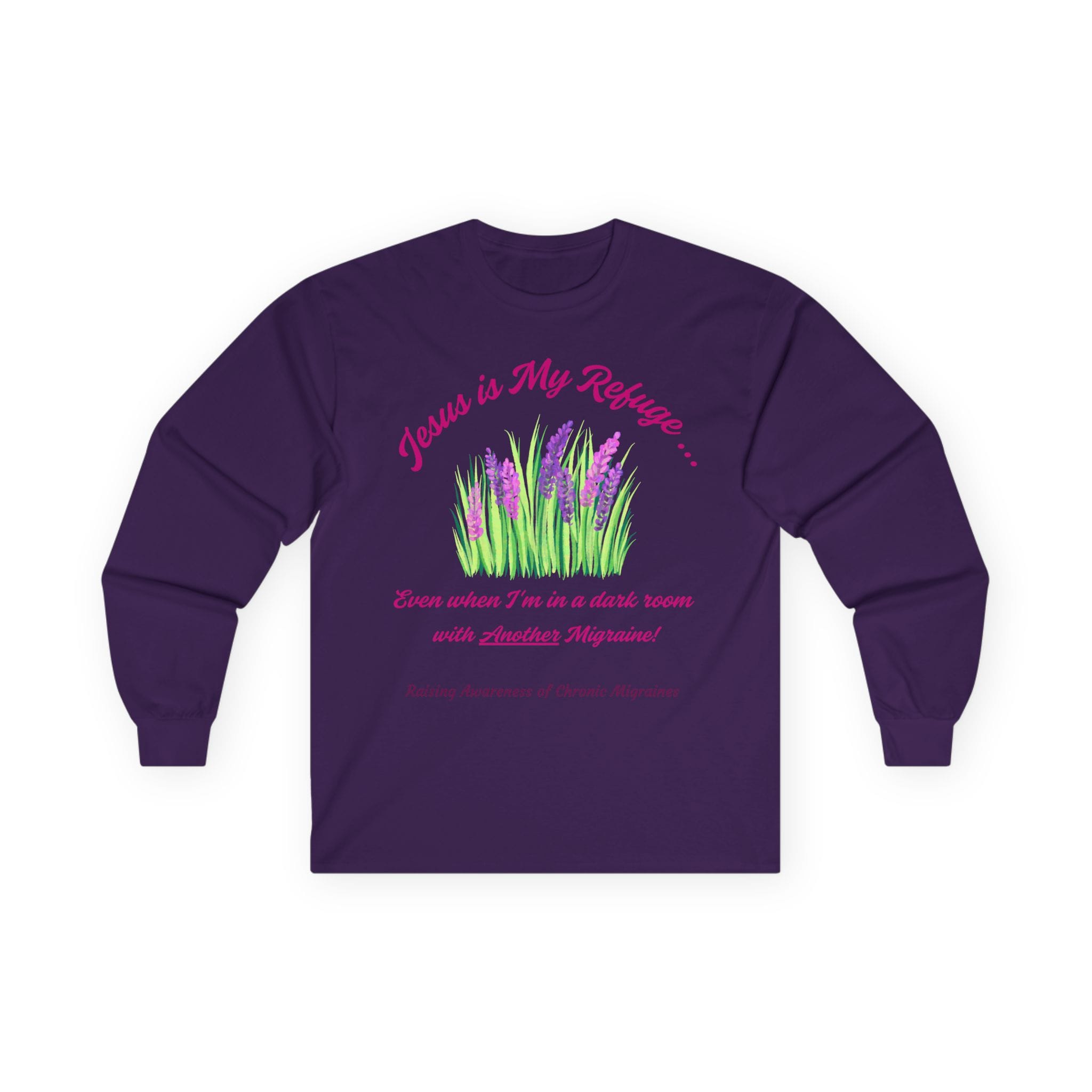 Purple Long Sleeve Tee Jesus is my Refuge Migraine Floral