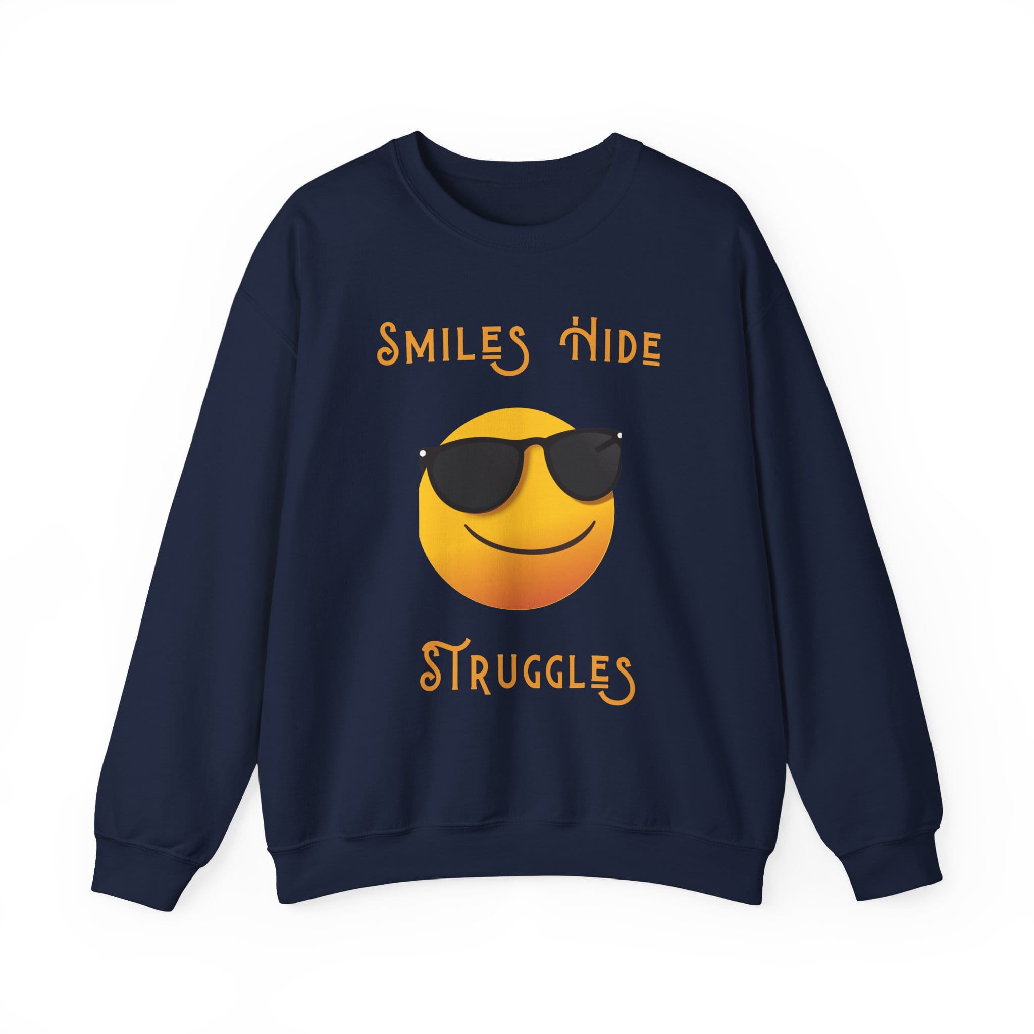 Navy Blue Sweatshirt Smiles Hide Struggles