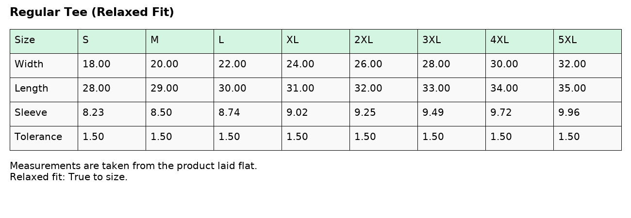 Regular Tee Size Chart