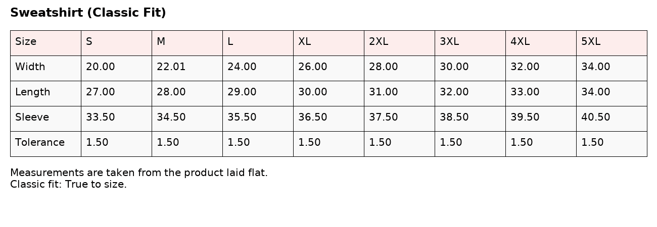 Sweatshirt Size Chart