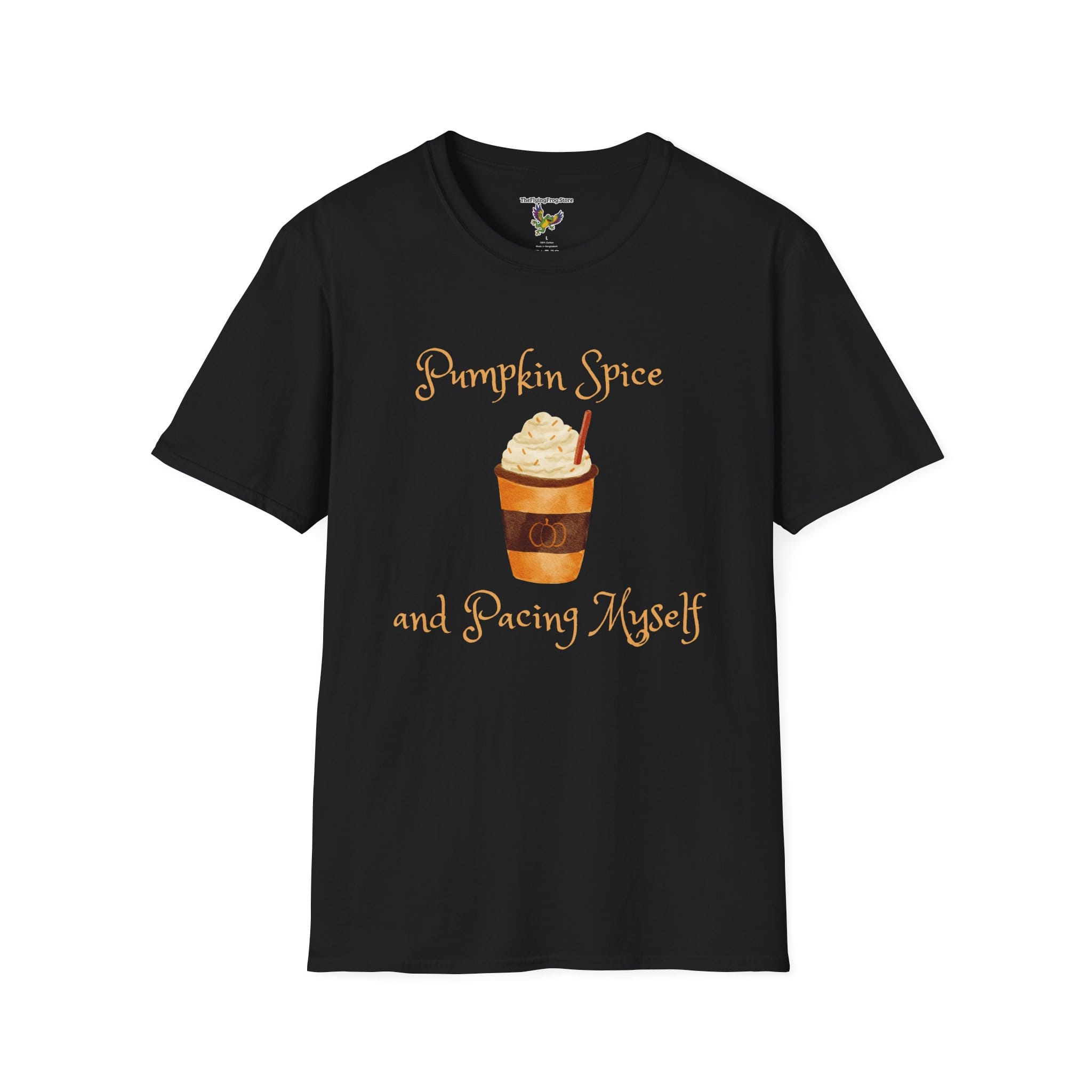 Pumpkin Spice and Pacing Myself Short Sleeve T-shirt in Black, front view