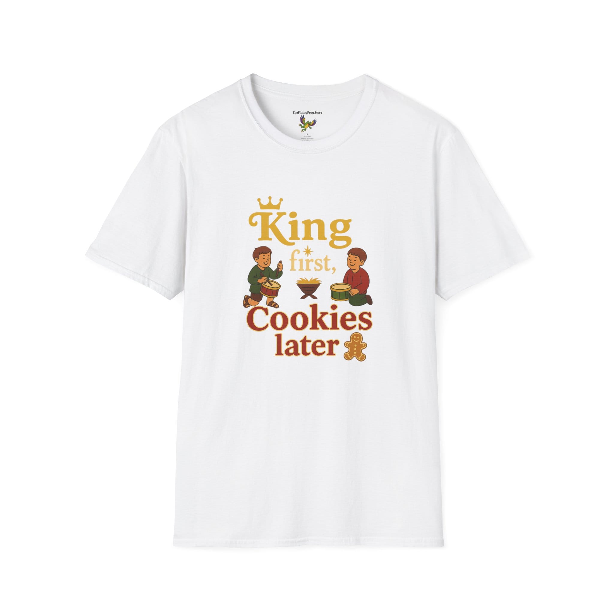 King First, Cookies Later Short Sleeve T-Shirt in White, front view