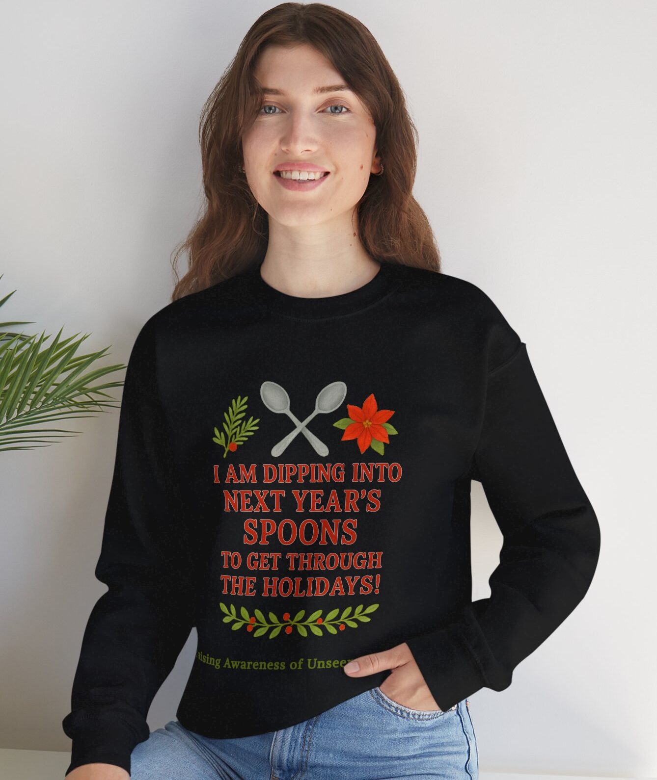 Dipping Into Next Year's Spoons Holiday Sweatshirt in Black on female model
