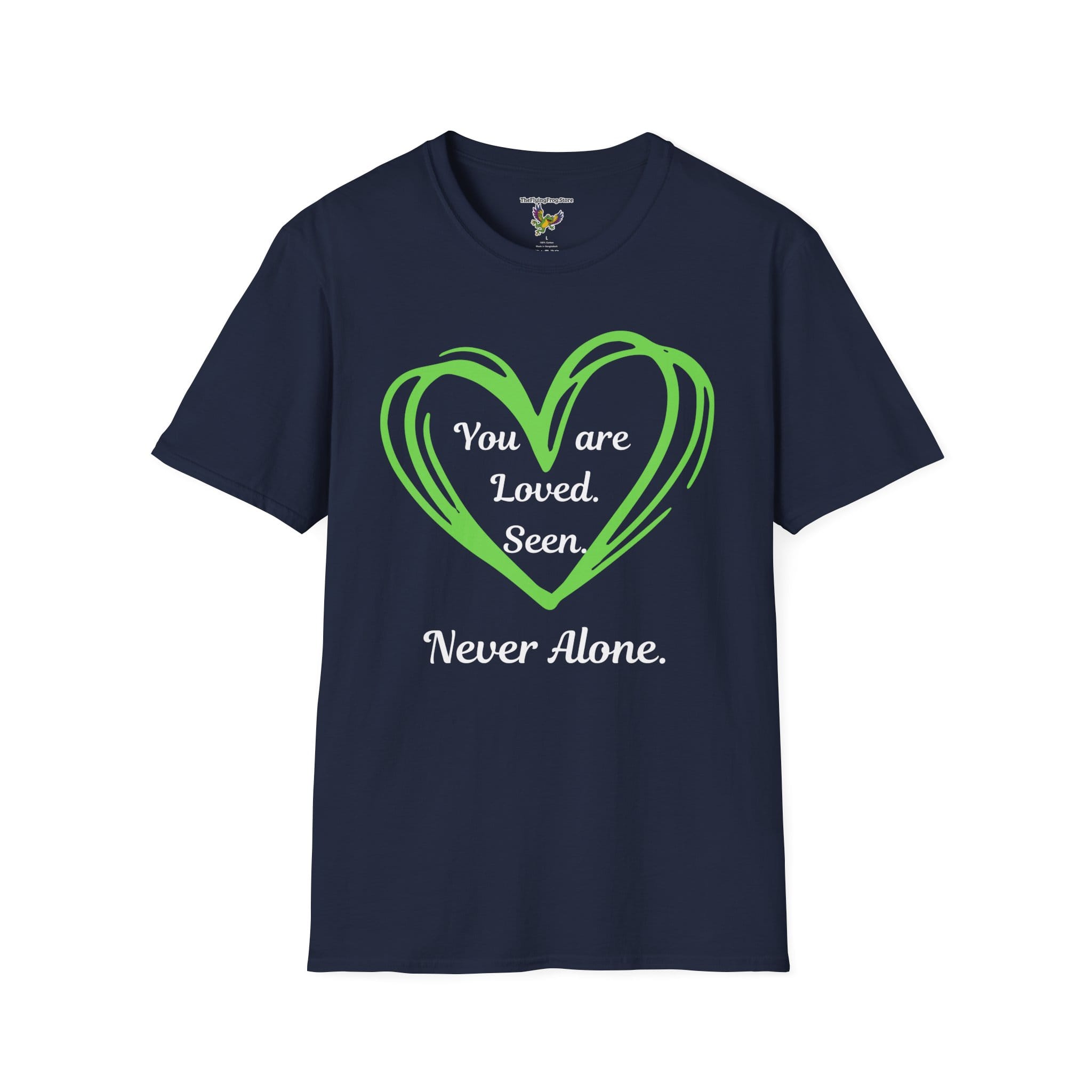 You are Loved, Seen, Never Alone Short Sleeve Tee in Navy Blue, front view