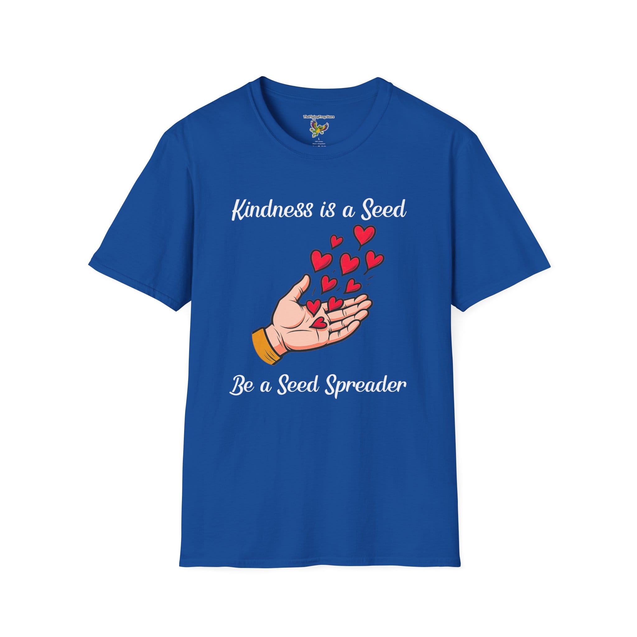 Kindness is a Seed - Be a Seed Spreader Short Sleeve T-Shirt in Royal Blue, front view