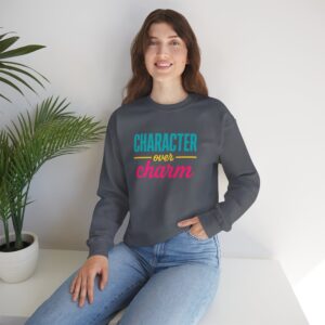 Character Over Charm Sweatshirt in Charcoal on seated female model