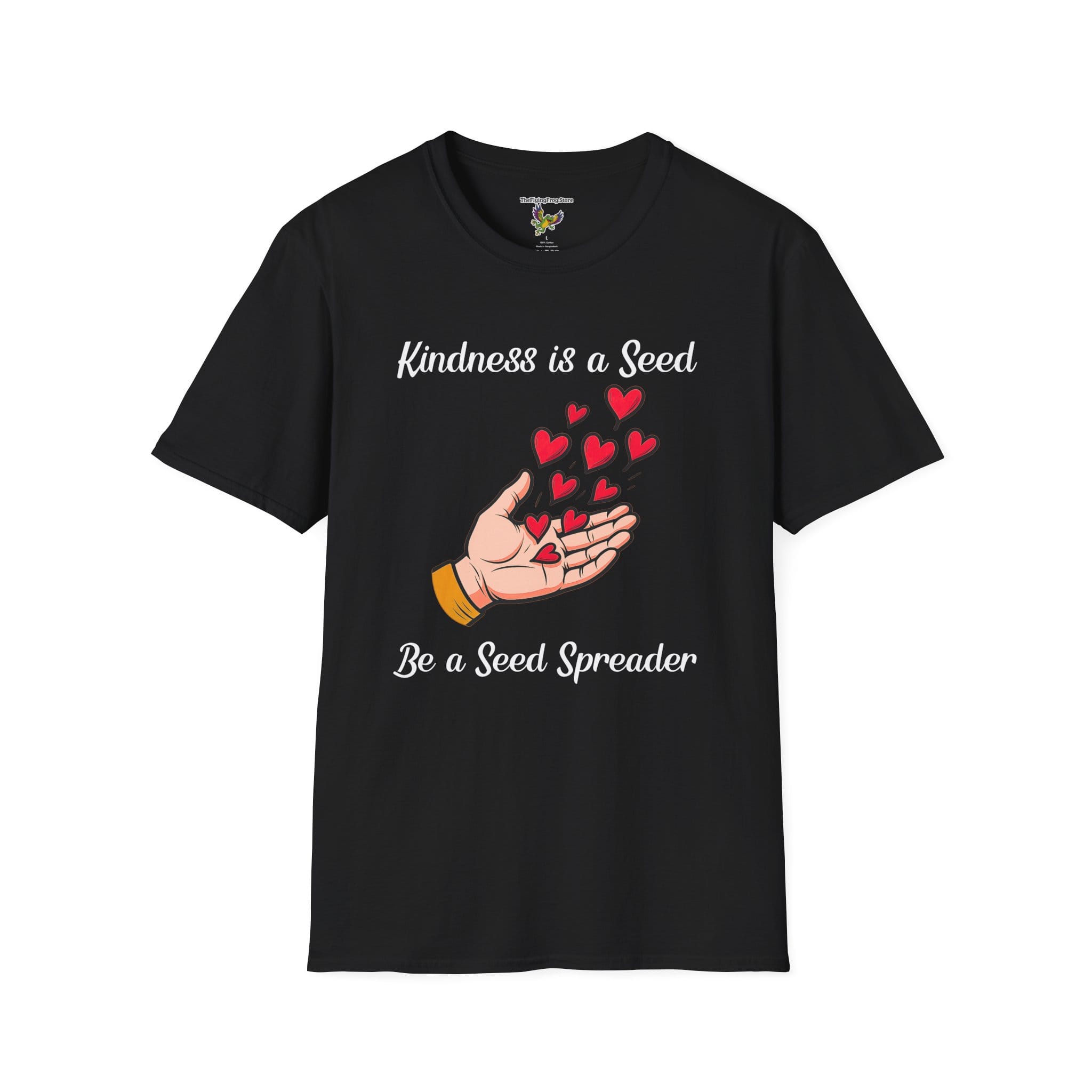 Kindness is a Seed - Be a Seed Spreader Short Sleeve T-Shirt in Black, front view