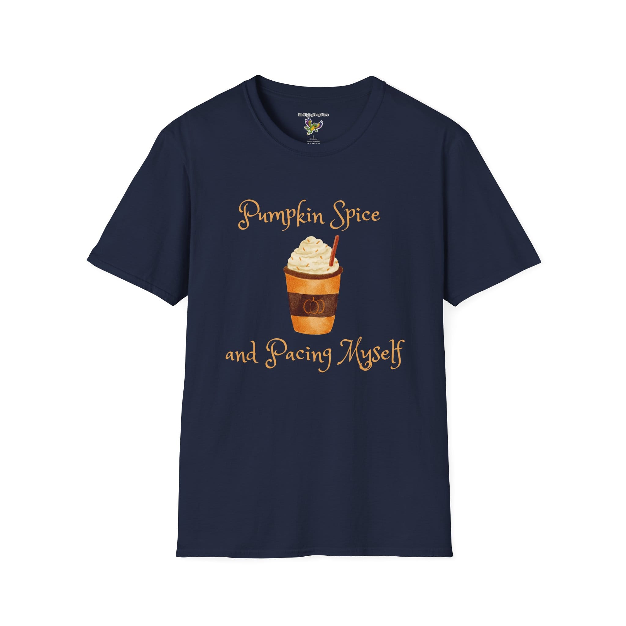 Pumpkin Spice and Pacing Myself Short Sleeve T-shirt in Navy Blue, front view