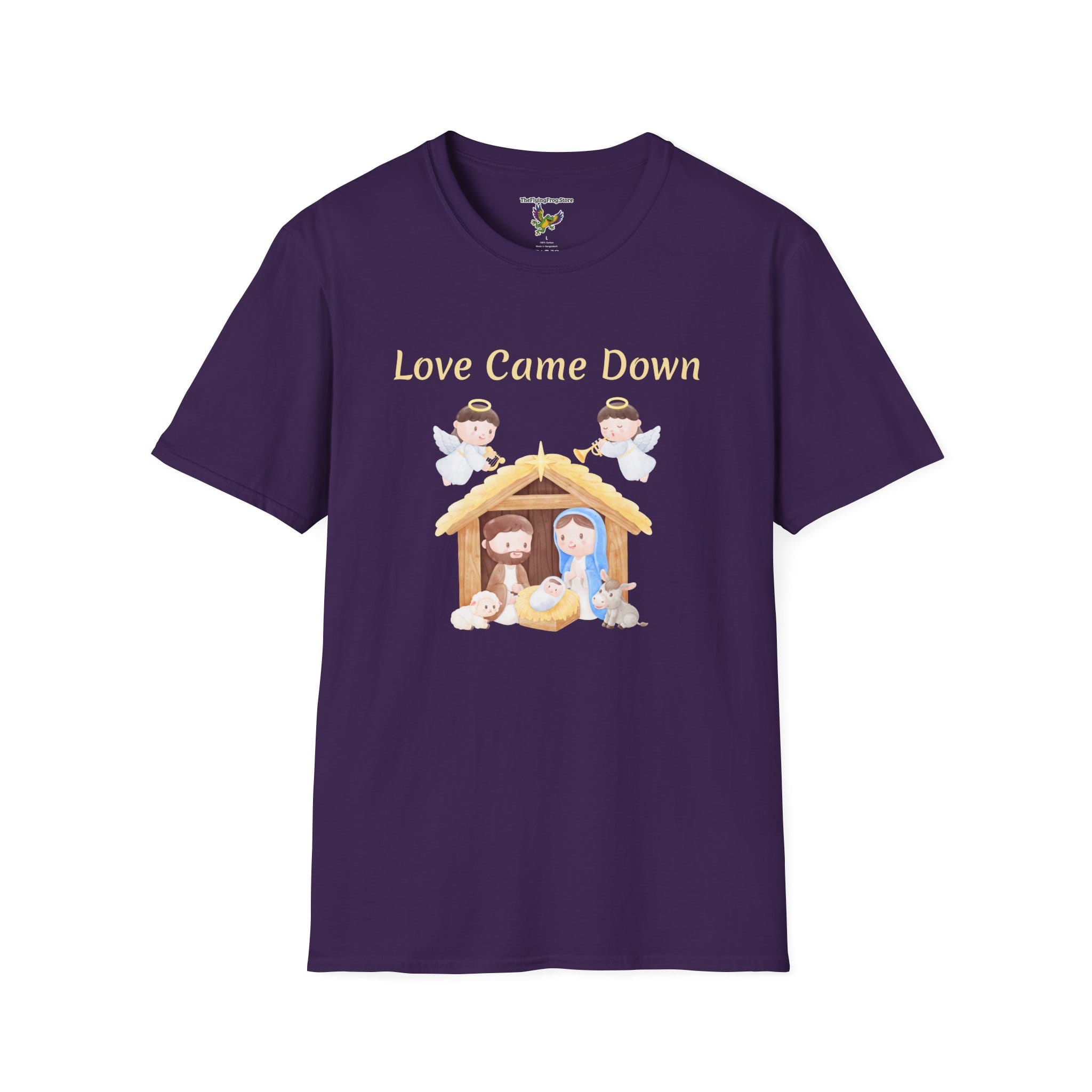 Love Came Down (Manger) Short Sleeve T-Shirt in Purple, front view