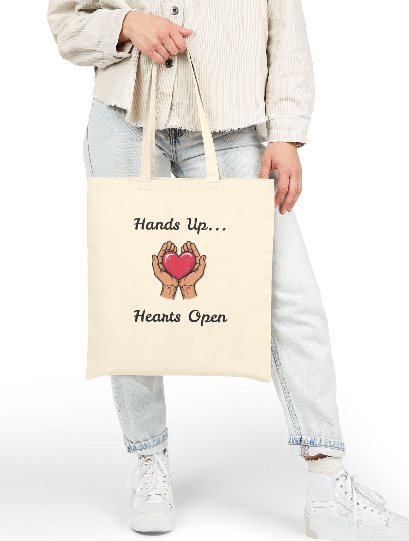 Hands Up... Hearts Open Canvas Tote in Natural held by model