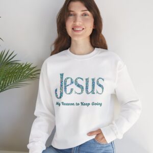 Jesus - My Reason to Keep Going Sweatshirt in White on female model