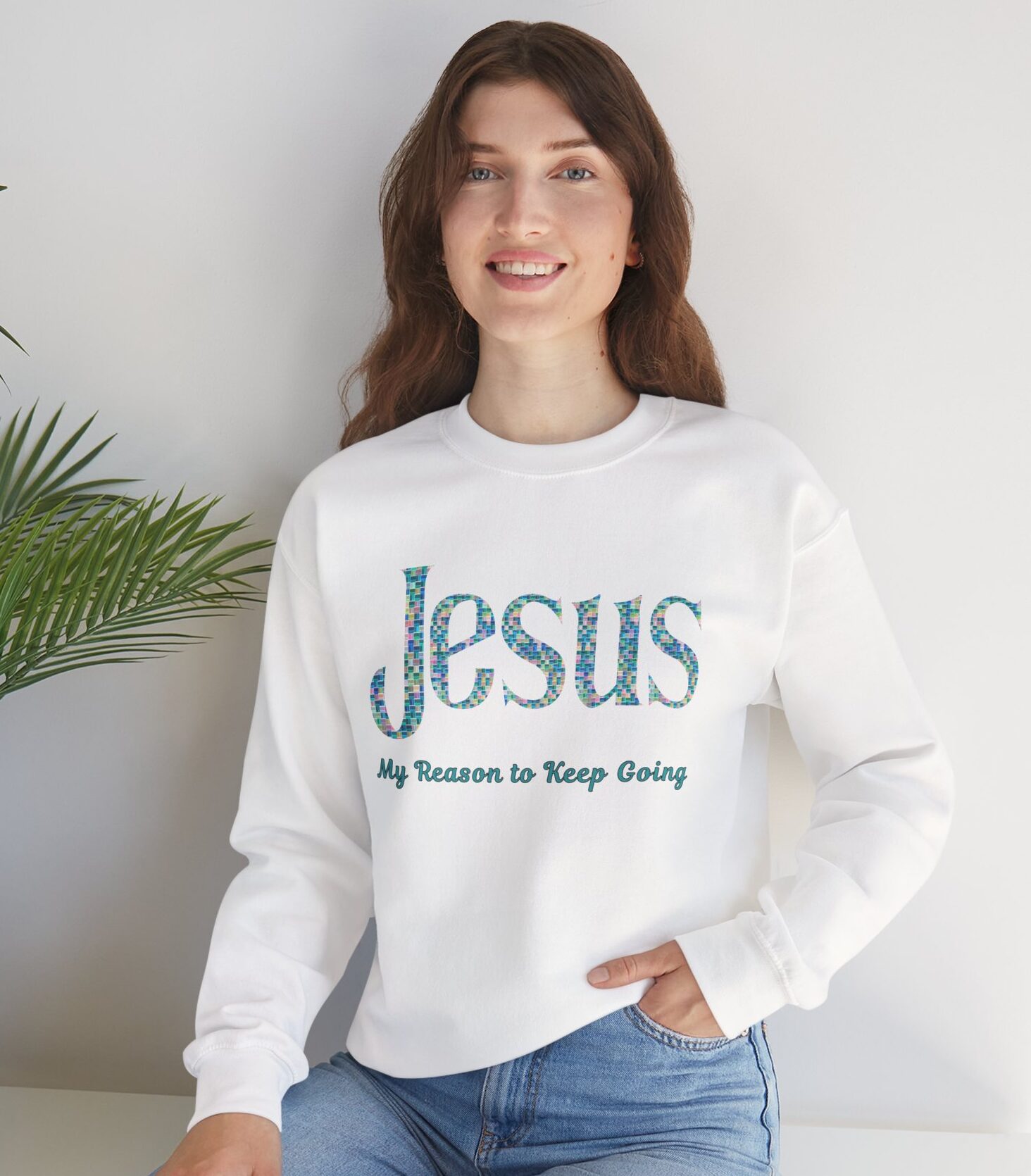 Jesus - My Reason to Keep Going Sweatshirt in White on female model