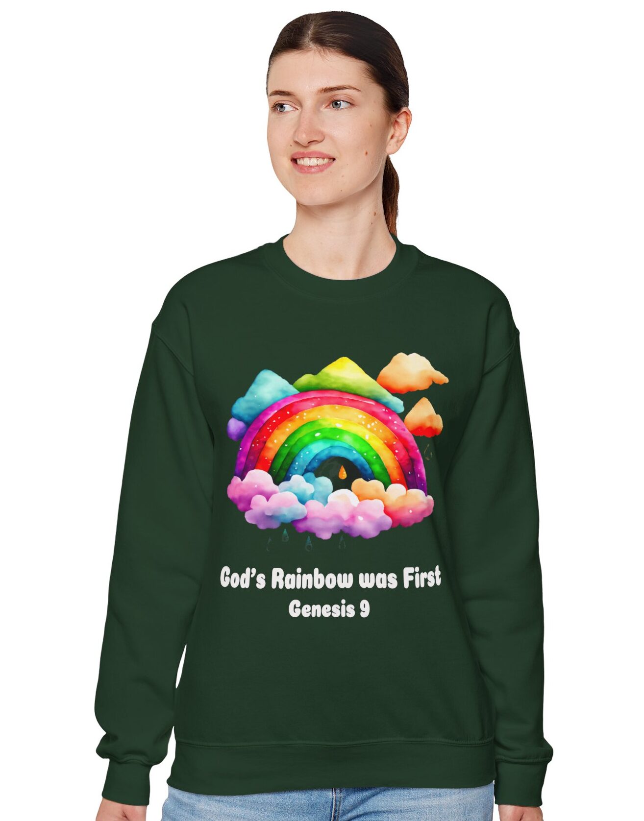 God's Rainbow was First Sweatshirt in Forest Green on female model