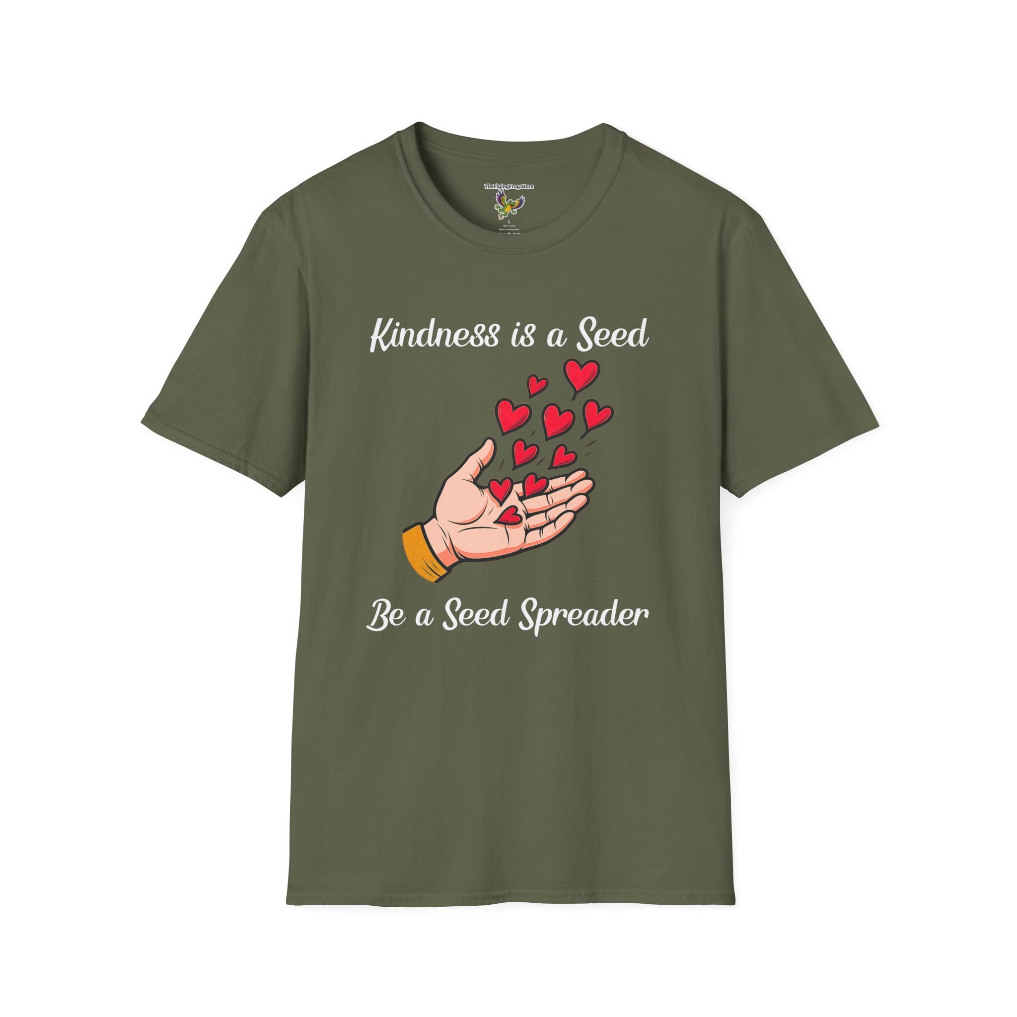 Kindness is a Seed - Be a Seed Spreader Short Sleeve T-Shirt in Military Green, front view