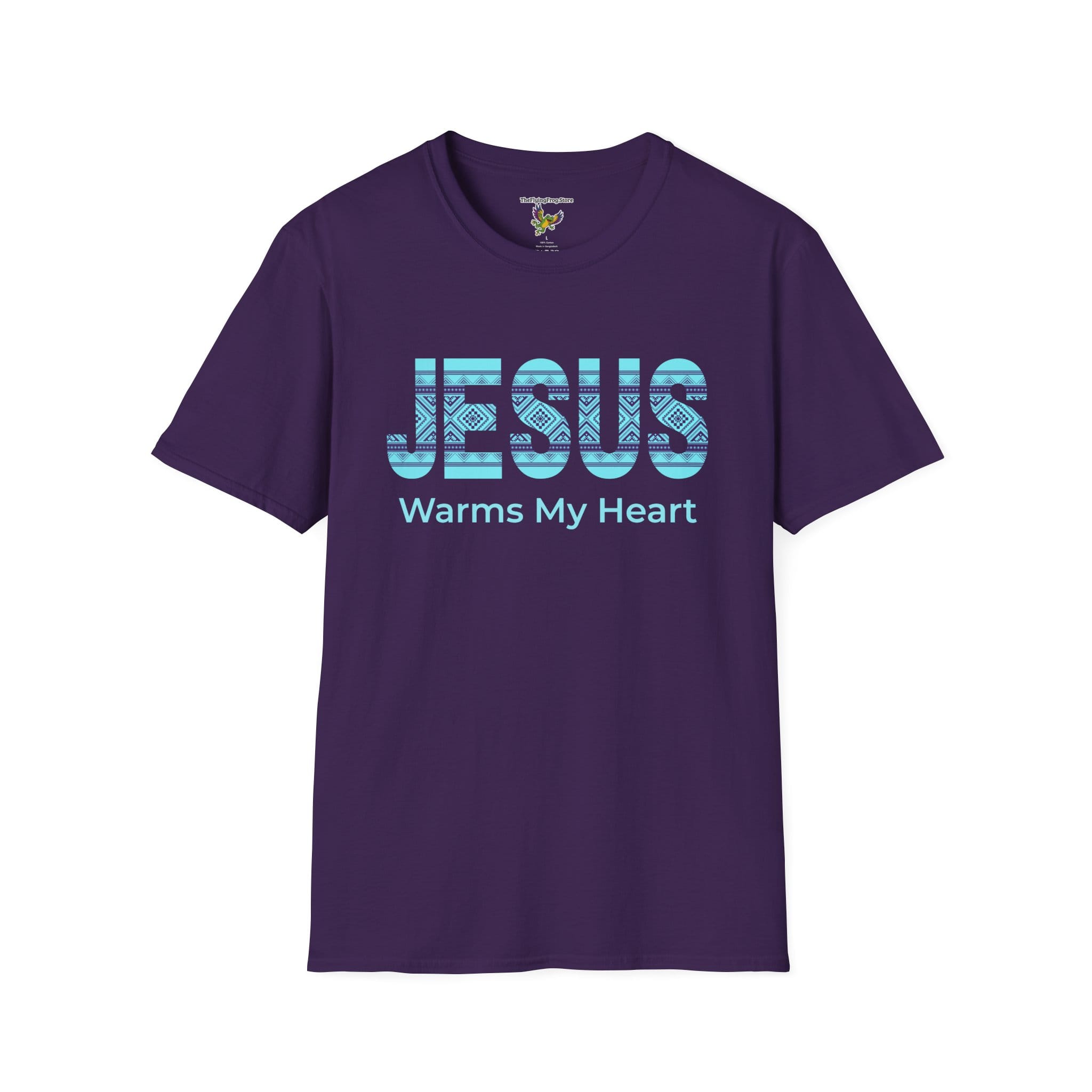 Jesus Warms My Heart Short Sleeve T-shirt in Purple, front view