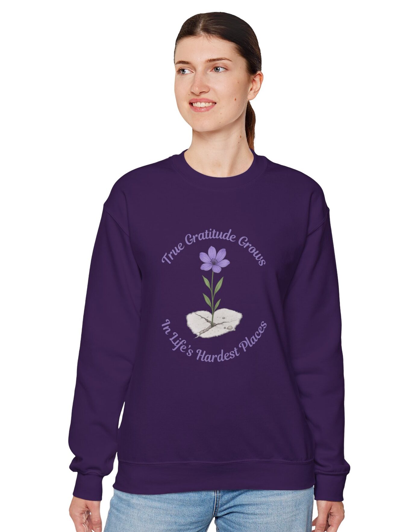 True Gratitude grows in Life's Hardest Places Sweatshirt in Purple on female model