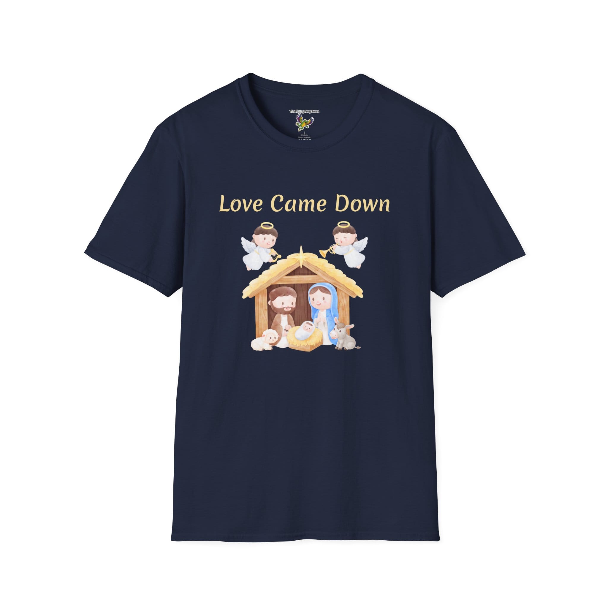 Love Came Down (Manger) Short Sleeve T-Shirt in Navy blue, front view