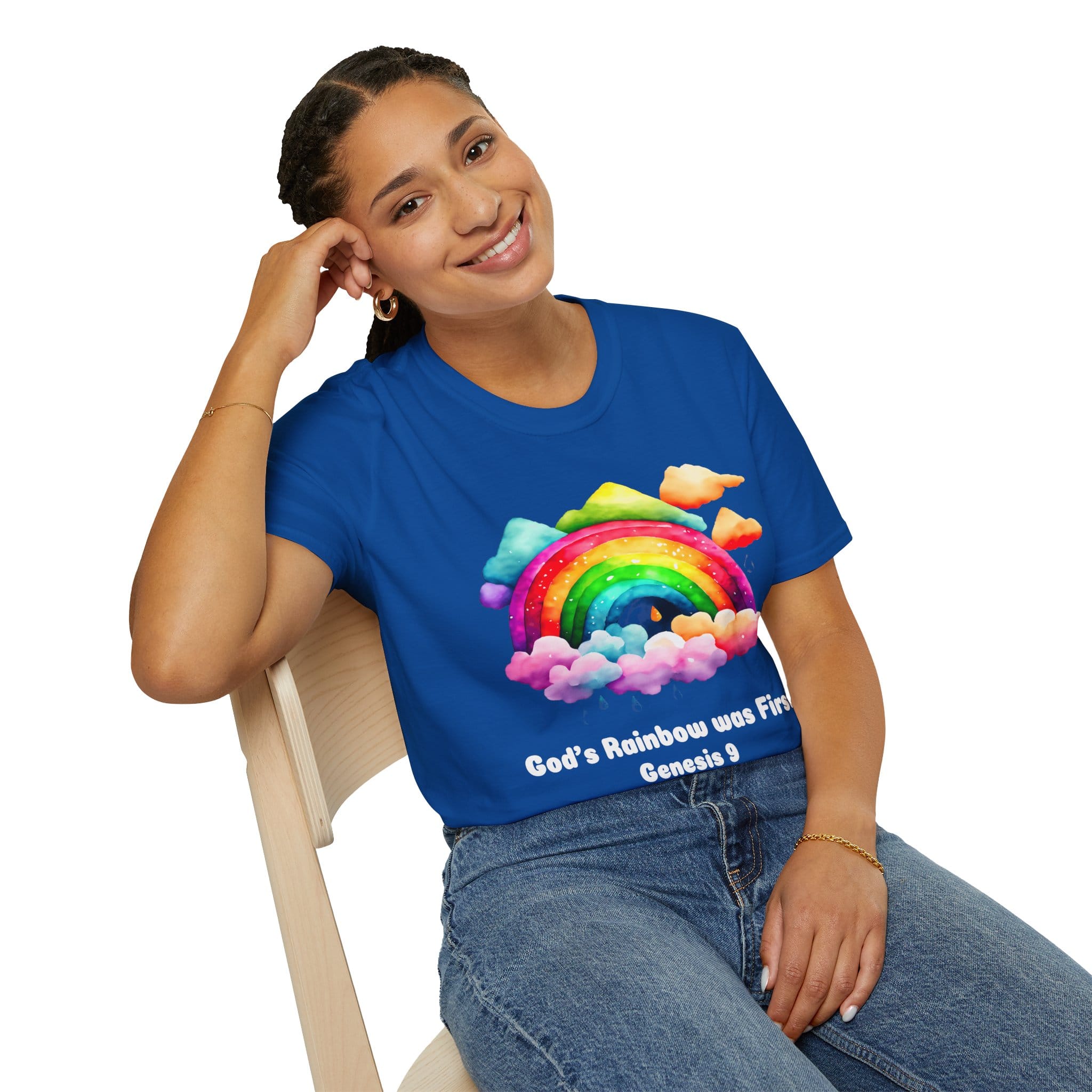 God's Rainbow was First Short Sleeve T-shirt in Royal Blue on seated female model