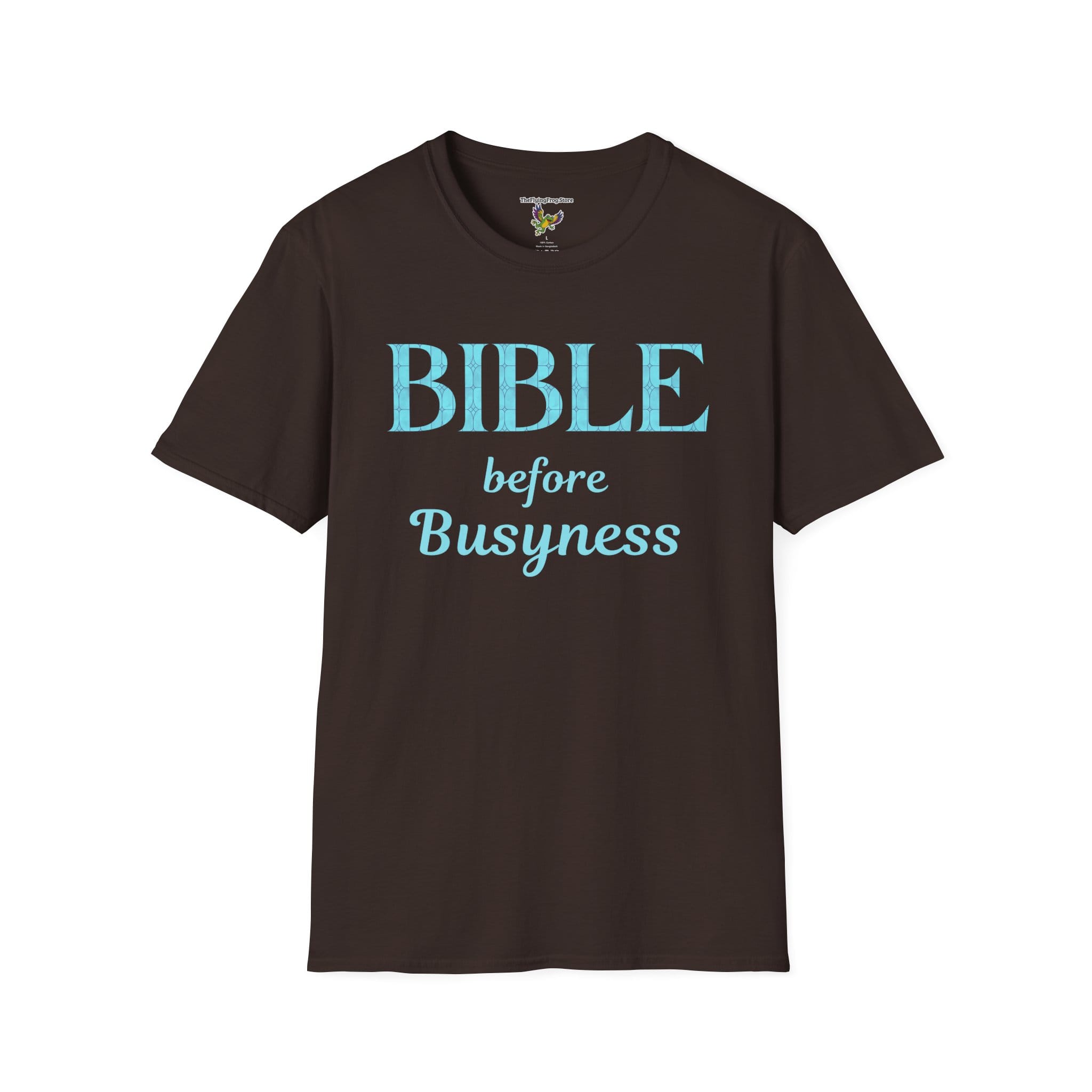 Bible before Busyness Short Sleeve T-Shirt in Dark Chocolate, front view
