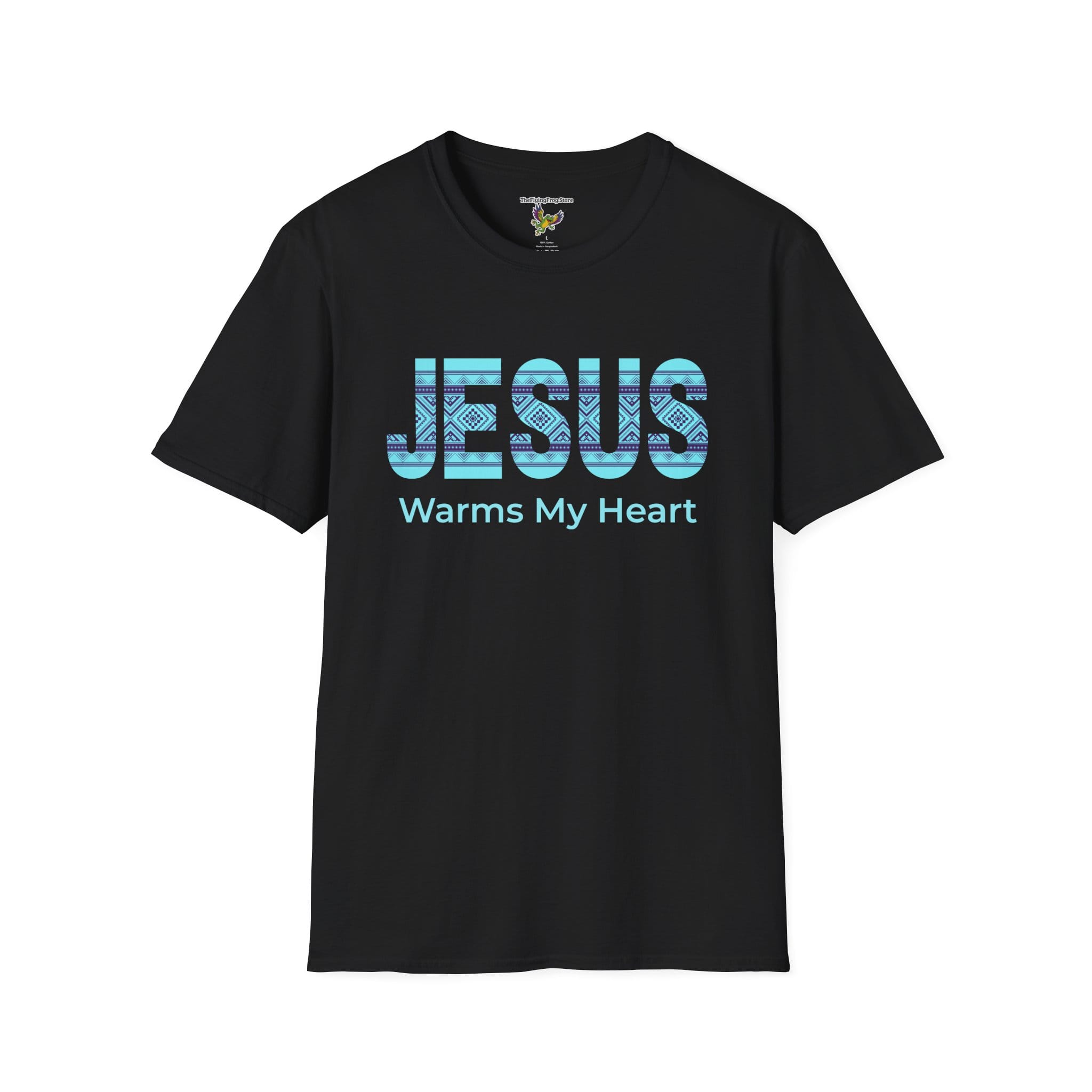 Jesus Warms My Heart Short Sleeve T-shirt in Black, front view