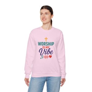 Worship Is My Vibe Sweatshirt in Light Pink in female model