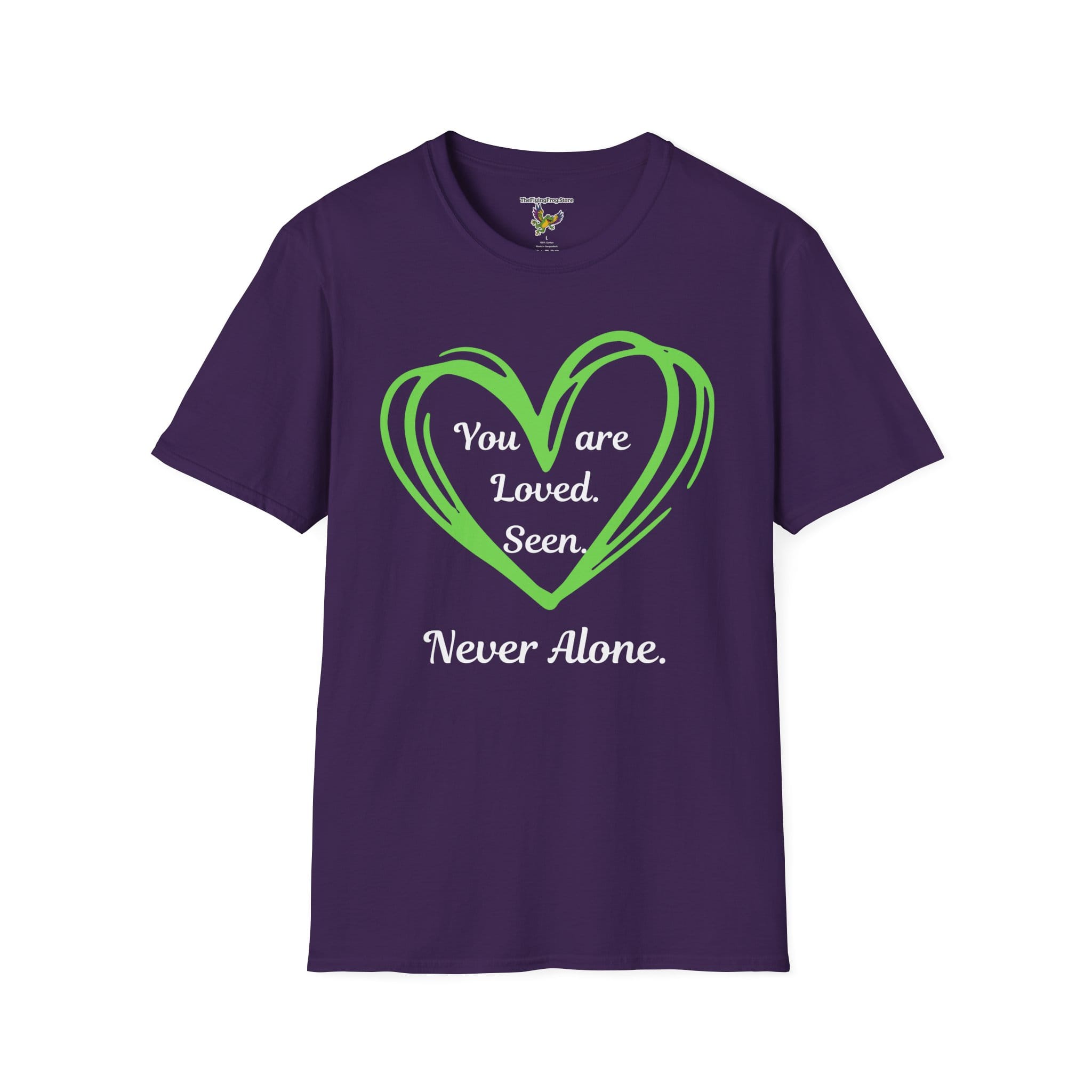 You are Loved, Seen, Never Alone Short Sleeve Tee in Purple, front view
