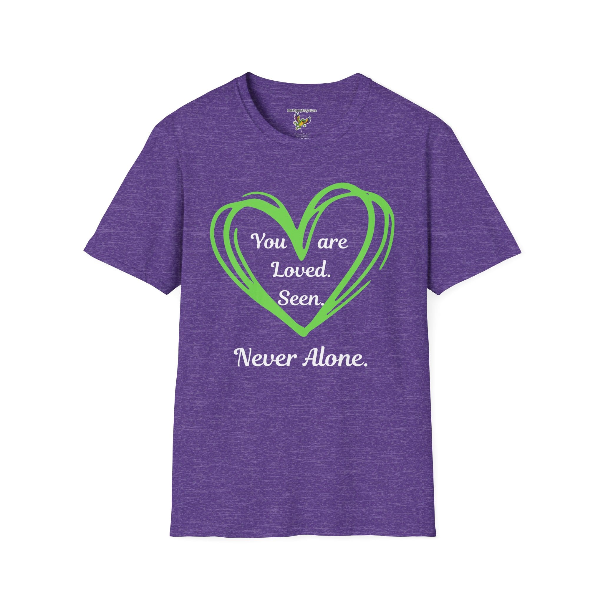 You are Loved, Seen, Never Alone Short Sleeve Tee in Heather Purple, front view
