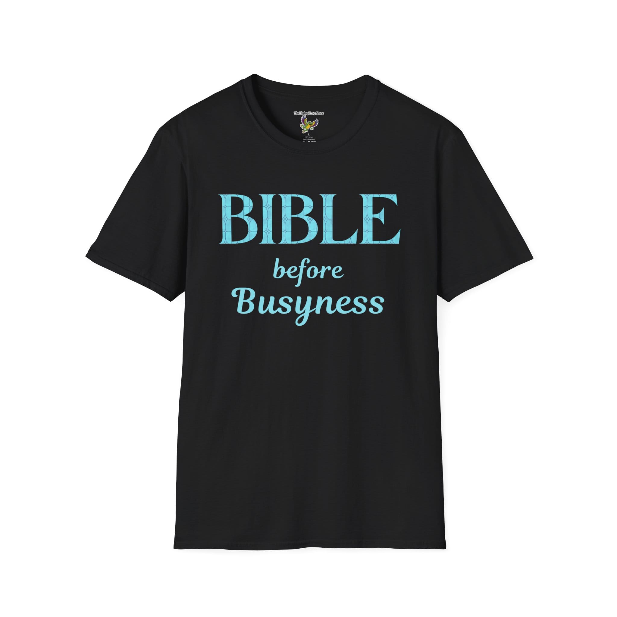 Bible before Busyness Short Sleeve T-Shirt in Black, front view