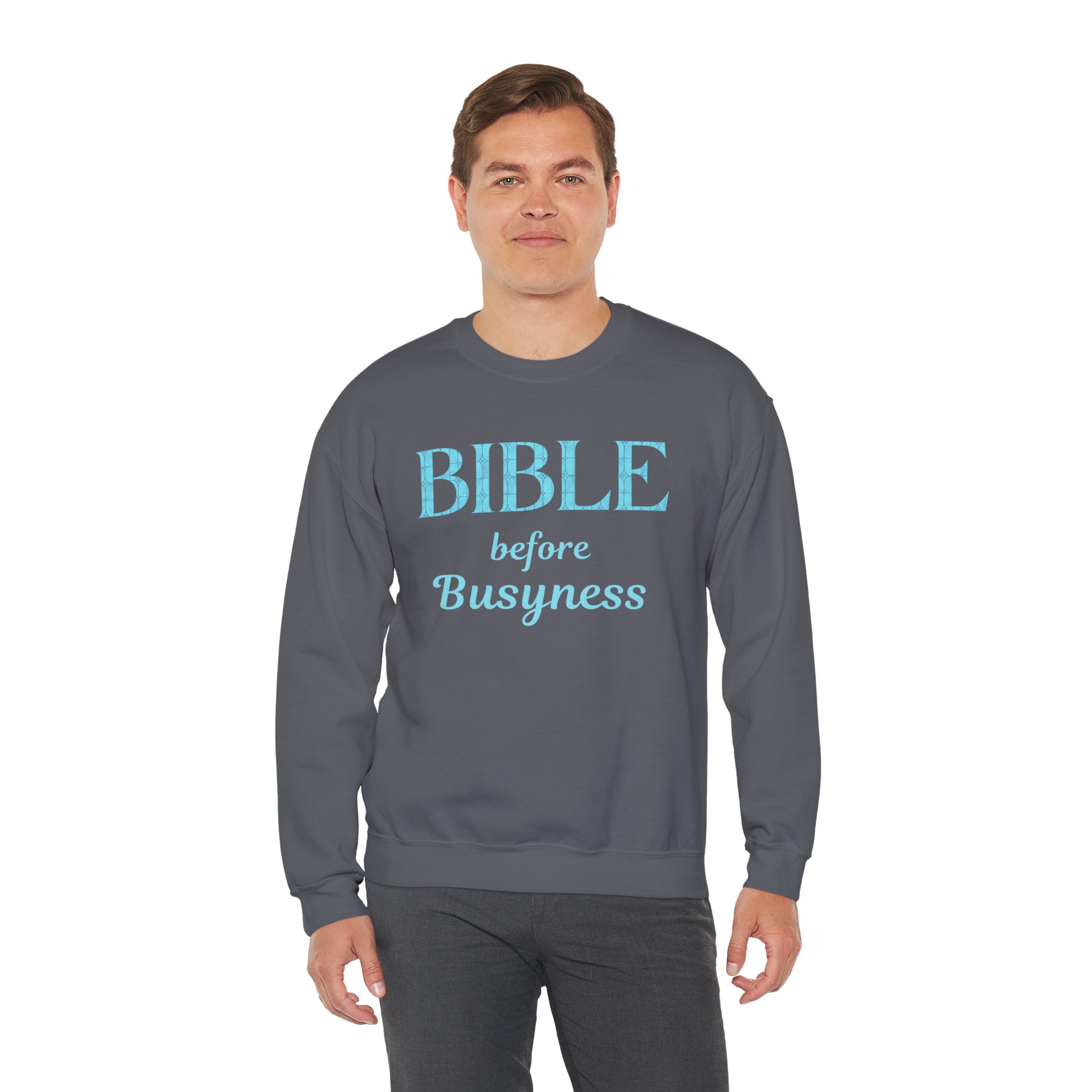 Bible before Busyness Sweatshirt in Charcoal on male model