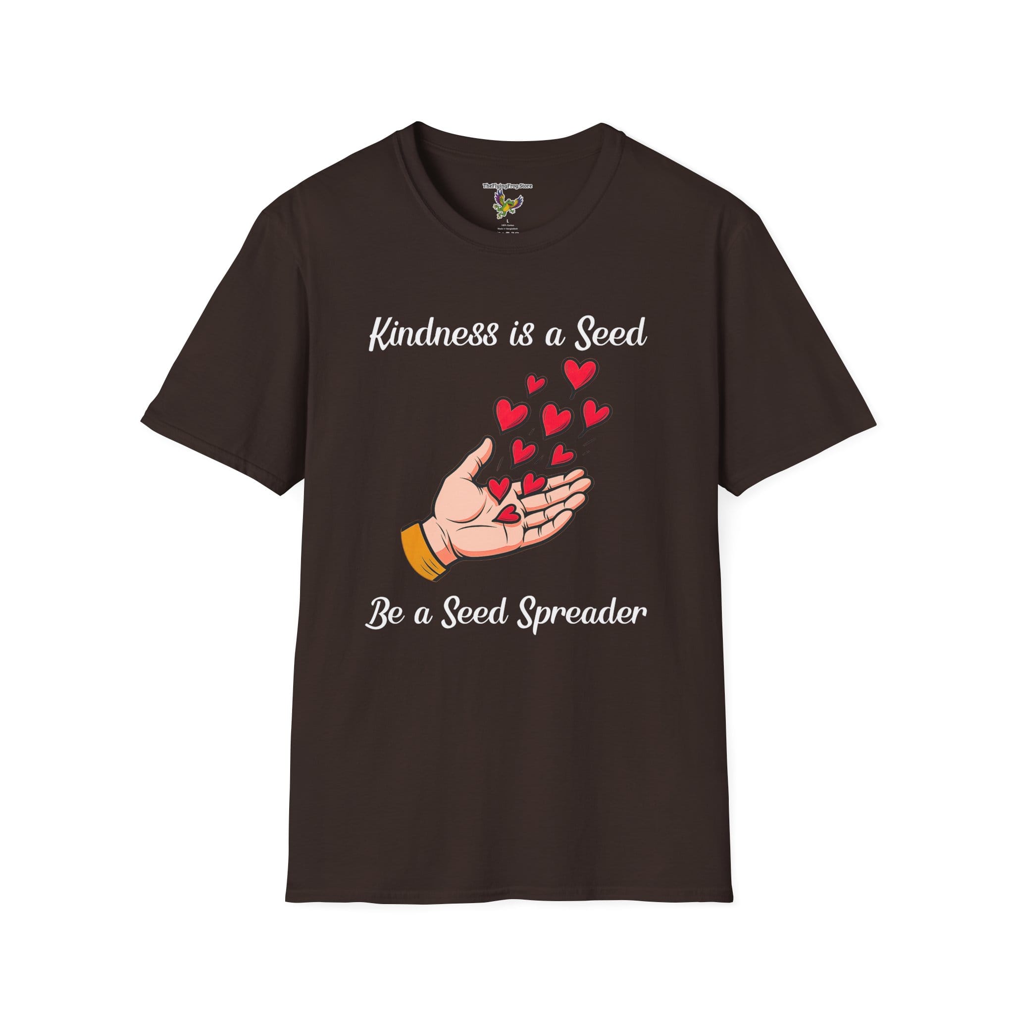 Kindness is a Seed - Be a Seed Spreader Short Sleeve T-Shirt in Dark Chocolate, front view
