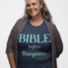 Bible before Busyness Short Sleeve T-Shirt in Navy Blue. Plus Size Female model.