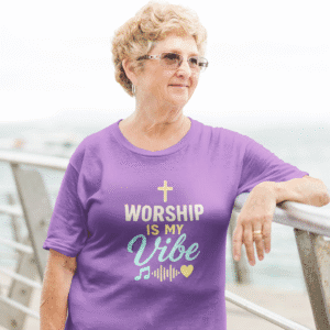 Worship Is My Vibe Short Sleeve T-shirt in Heather Purple on a female model