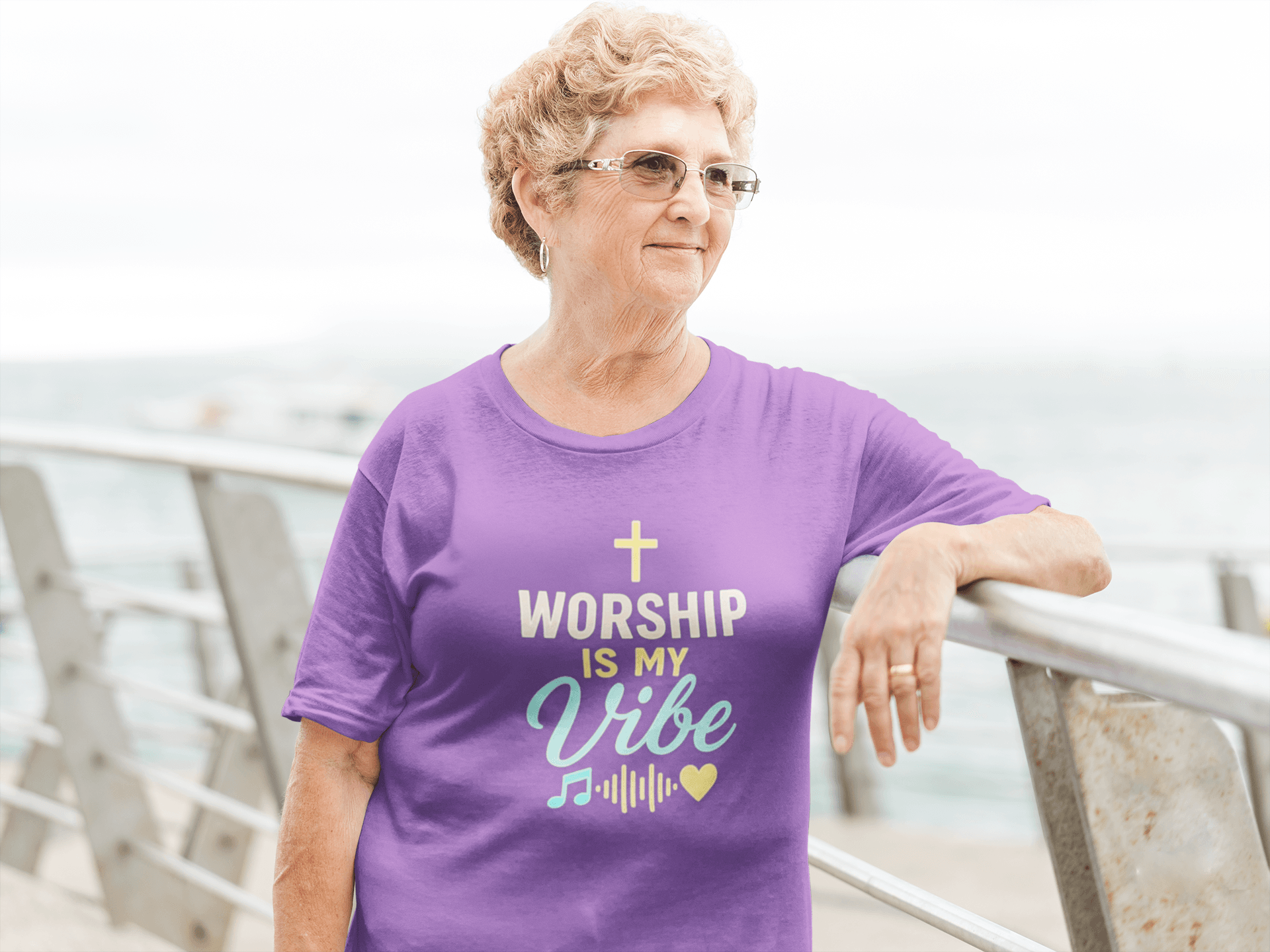Worship Is My Vibe Short Sleeve T-shirt in Heather Purple on a female model