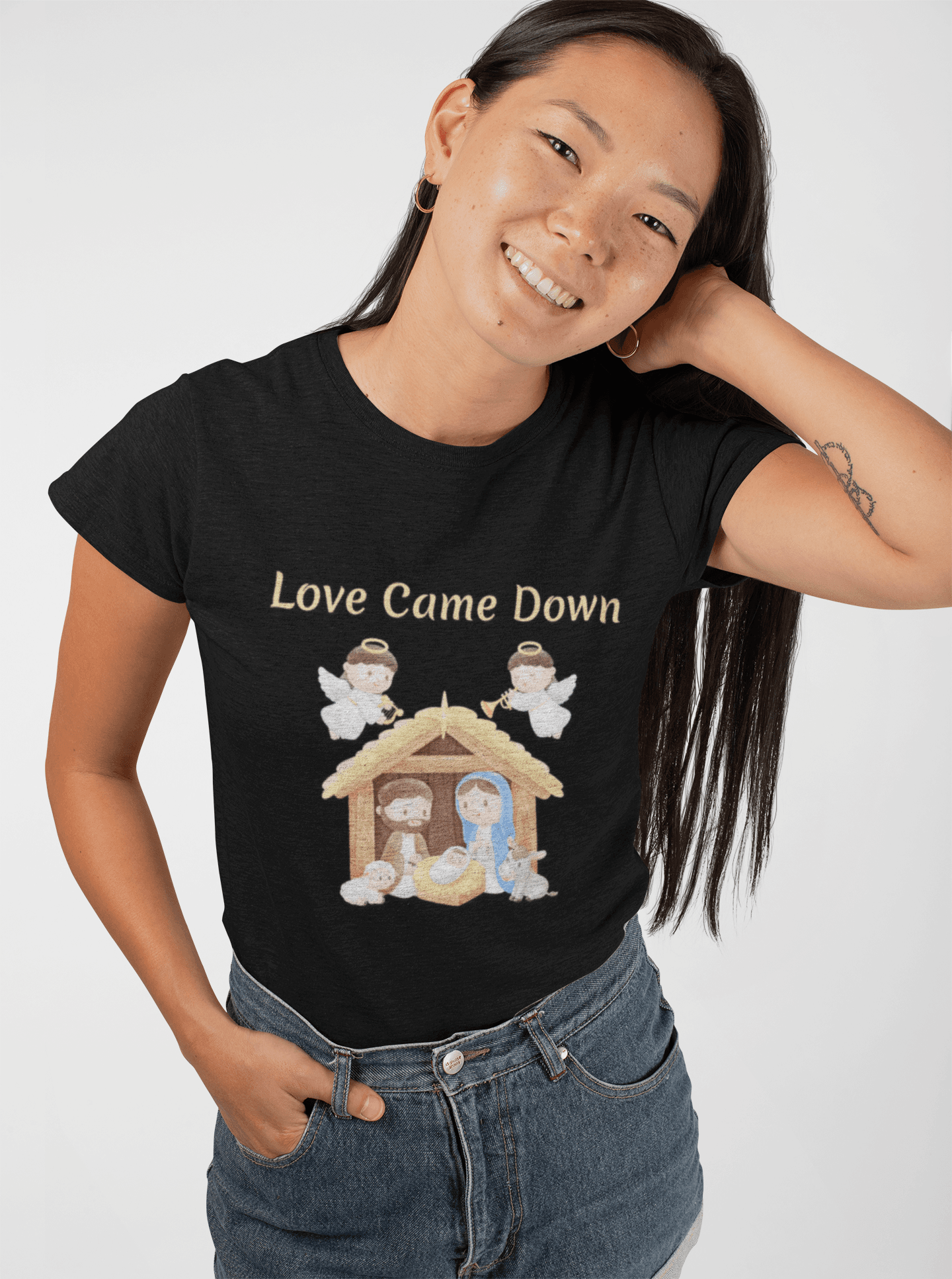 Love Came Down (Manger) Short Sleeve T-Shirt in black on a young female model