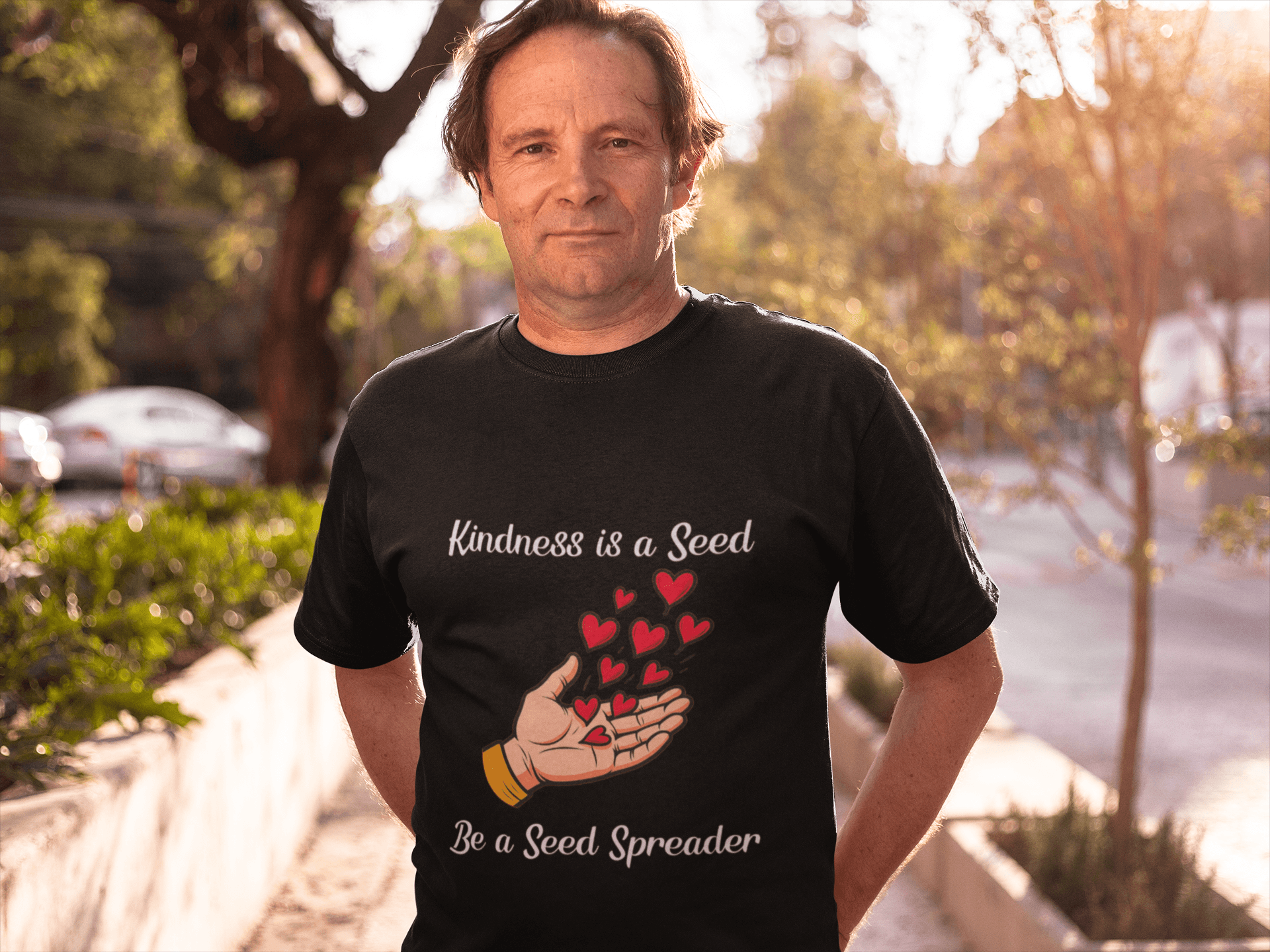 Kindness is a Seed - Be a Seed Spreader in Black Short Sleeve T-Shirt. Male model wearing it is on a walk through a neighborhood.