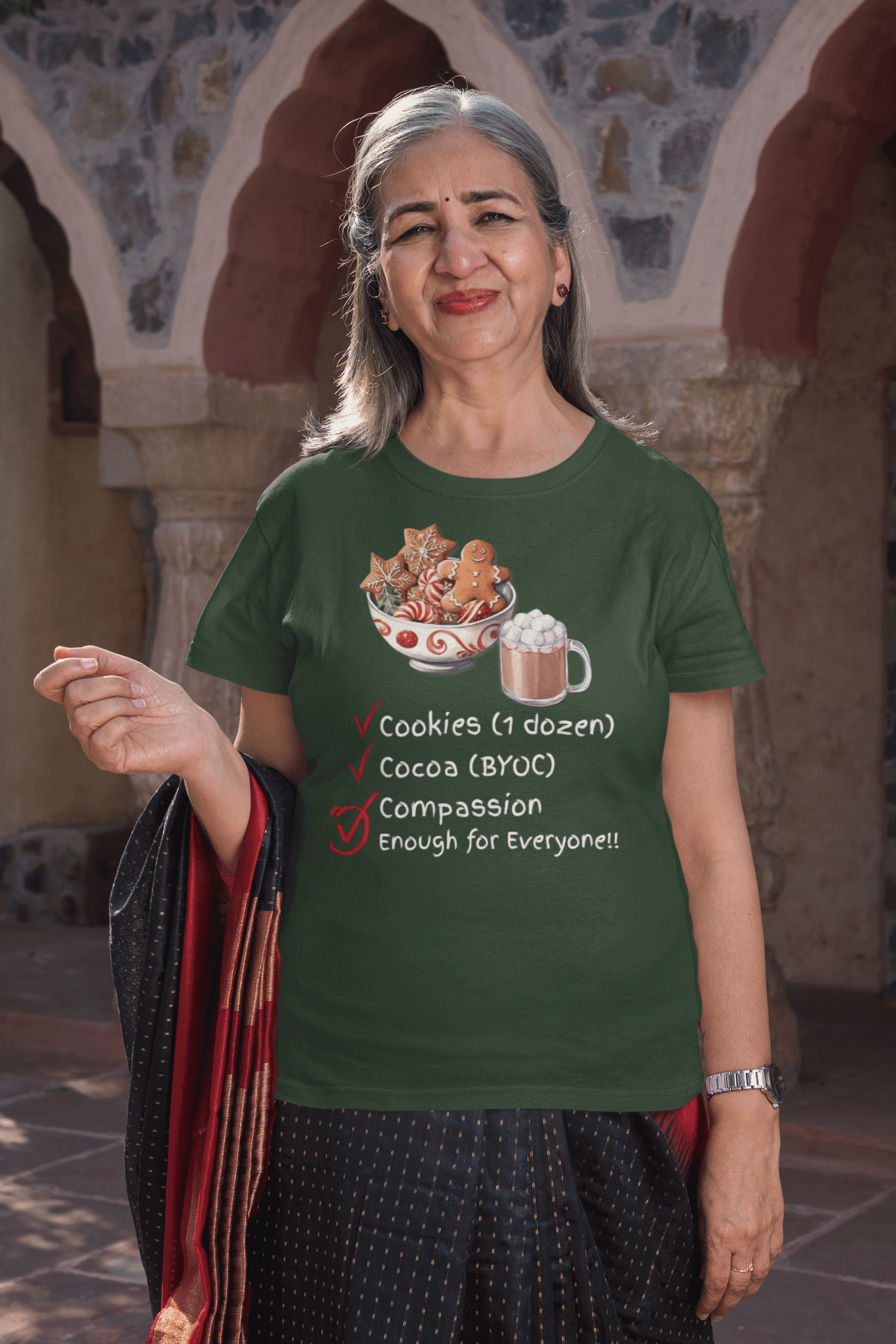 Cookies Cocoa Compassion Short Sleeve T-Shirt, Military Green on senior model.