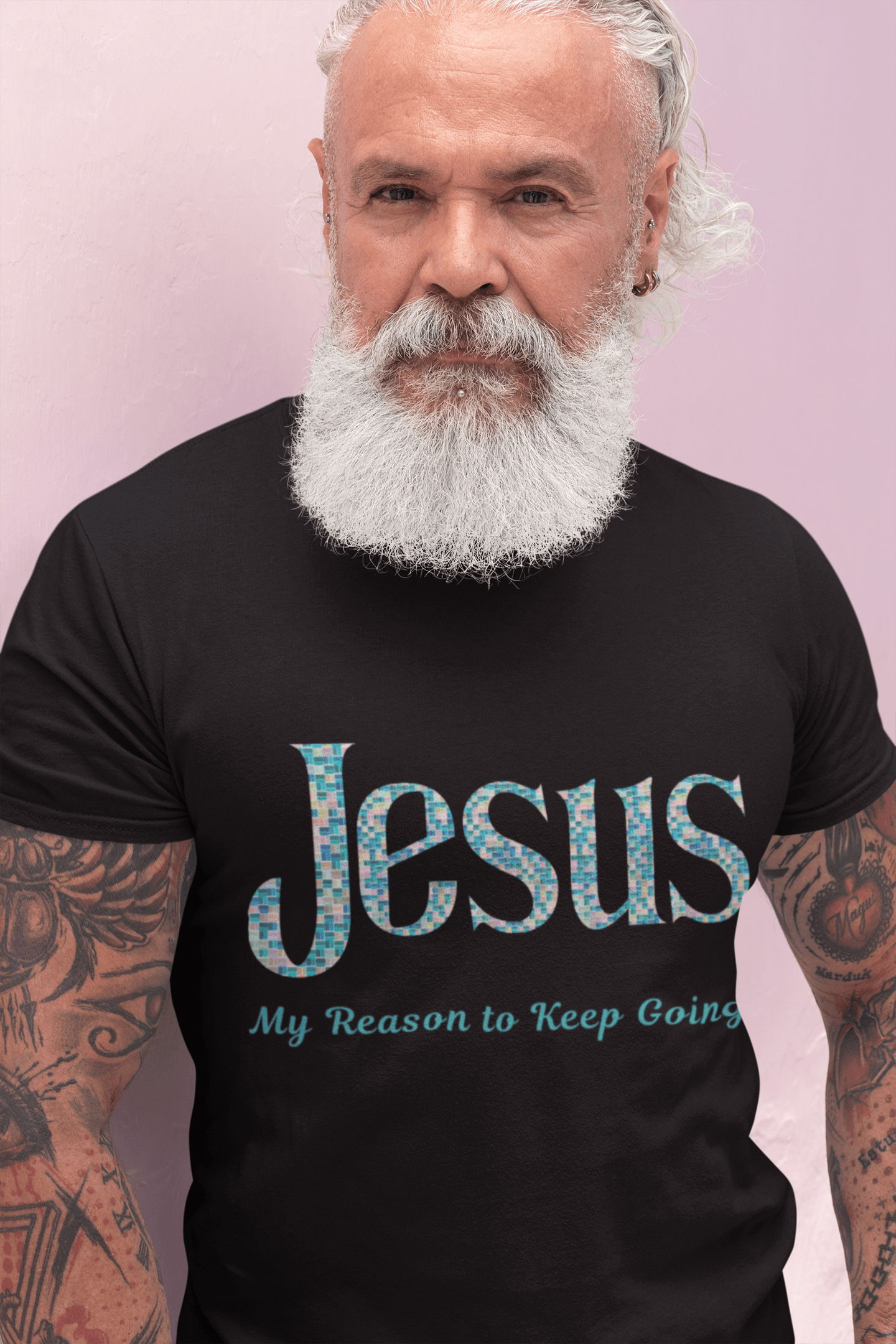 20251114211444-1f0c19ef-139a-6adc-8110-461b57b0c603.png Jesus: My Reason to Keep Going Short Sleeve T-shirt in Black on male model.