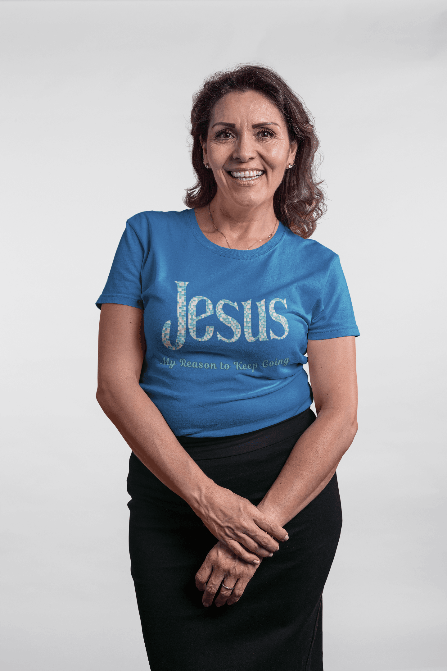 20251114211715-1f0c19f4-af9d-625e-abd7-ea6f1a6a5454.png Jesus: My Reason to Keep Going Short Sleeve T-shirt in Royal Blue on female model.