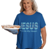 Jesus Warms My Heart Short Sleeve T-shirt in Royal Blue on female model.