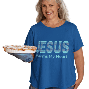 Jesus Warms My Heart Short Sleeve T-shirt in Royal Blue on female model.