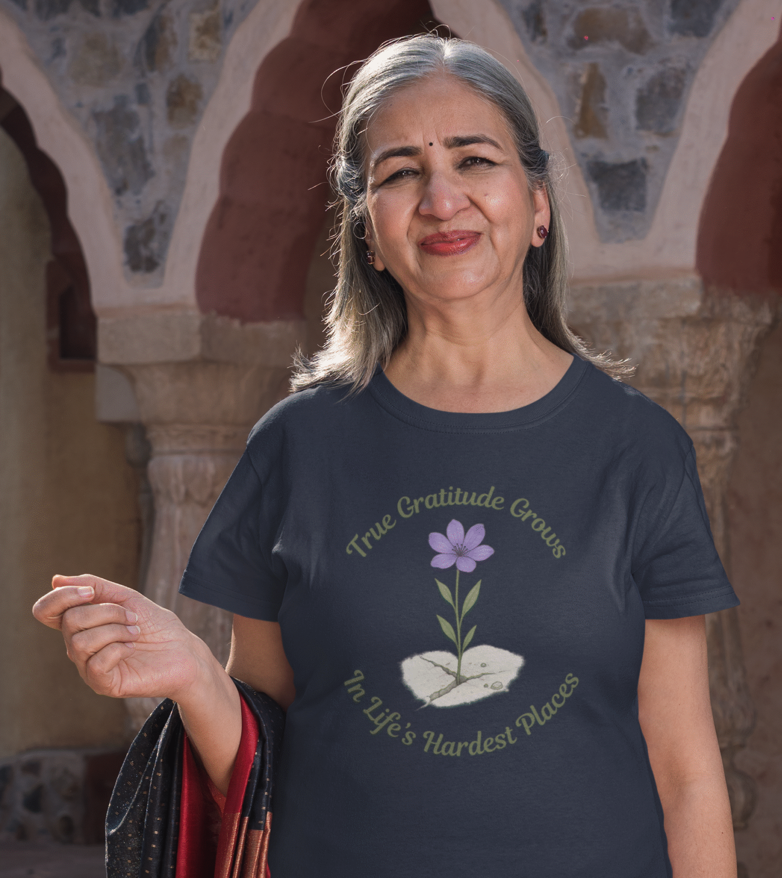 True Gratitude Grows...Hard Places Short Sleeve T-shirt in Navy Blue on female model.